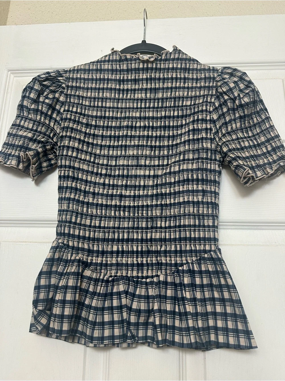 Reformation Navy and White Smocked Plaid Peplum Top